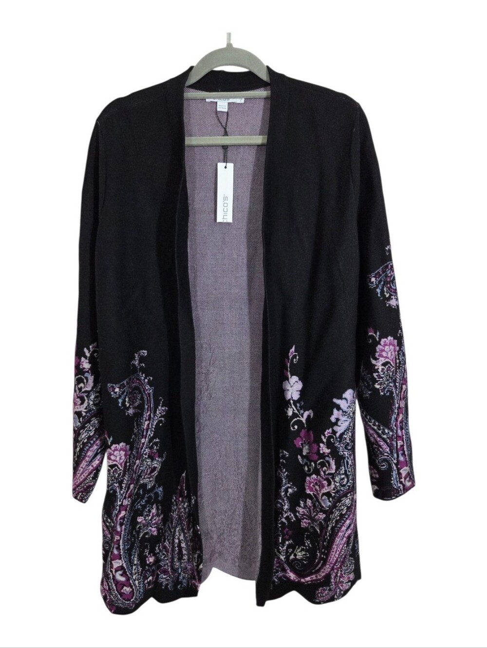 NWT Chico's Jacquard Scalloped Hem Cardigan Sweater Paisley Small Purple Black